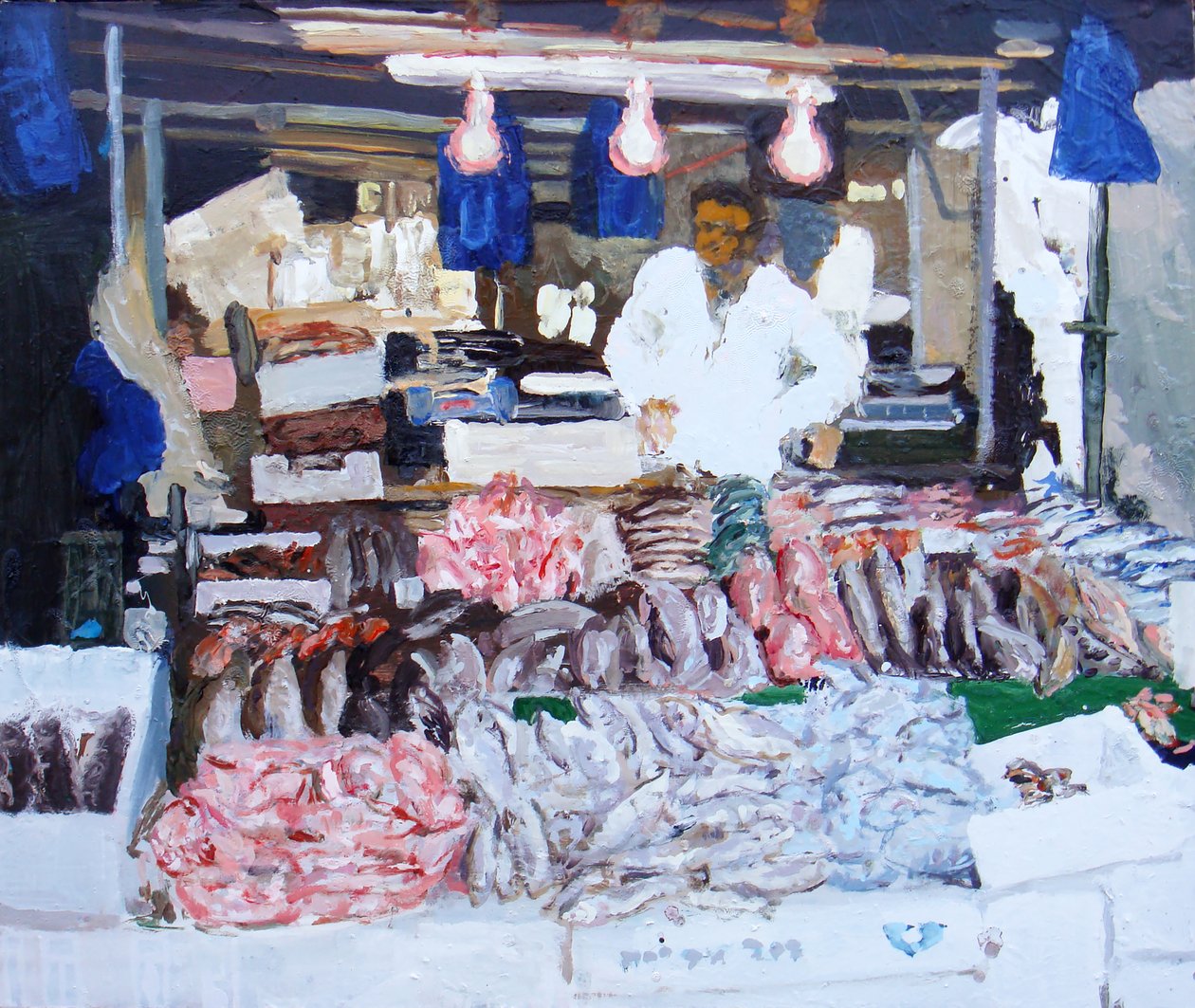 Bancarella di pesce (Ridley Road, Londra), 2009 (olio su tela) da Trevor Burgess