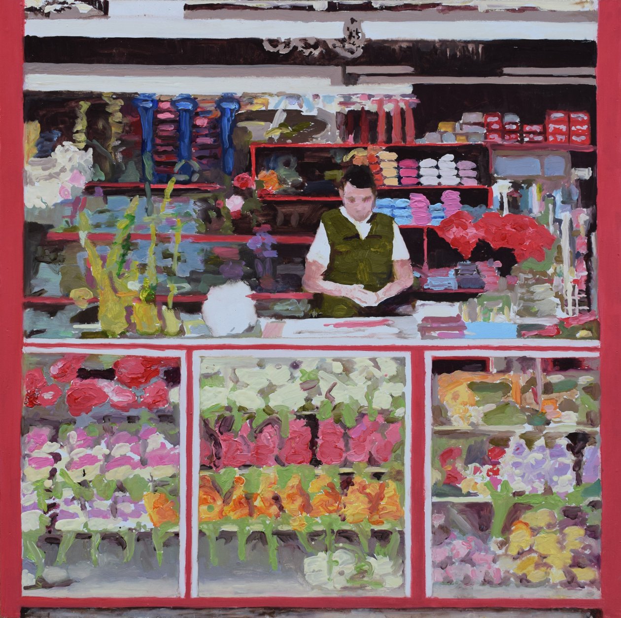 Bancarella di fiori (Bogotà, Colombia), 2016 (olio su tavola) da Trevor Burgess
