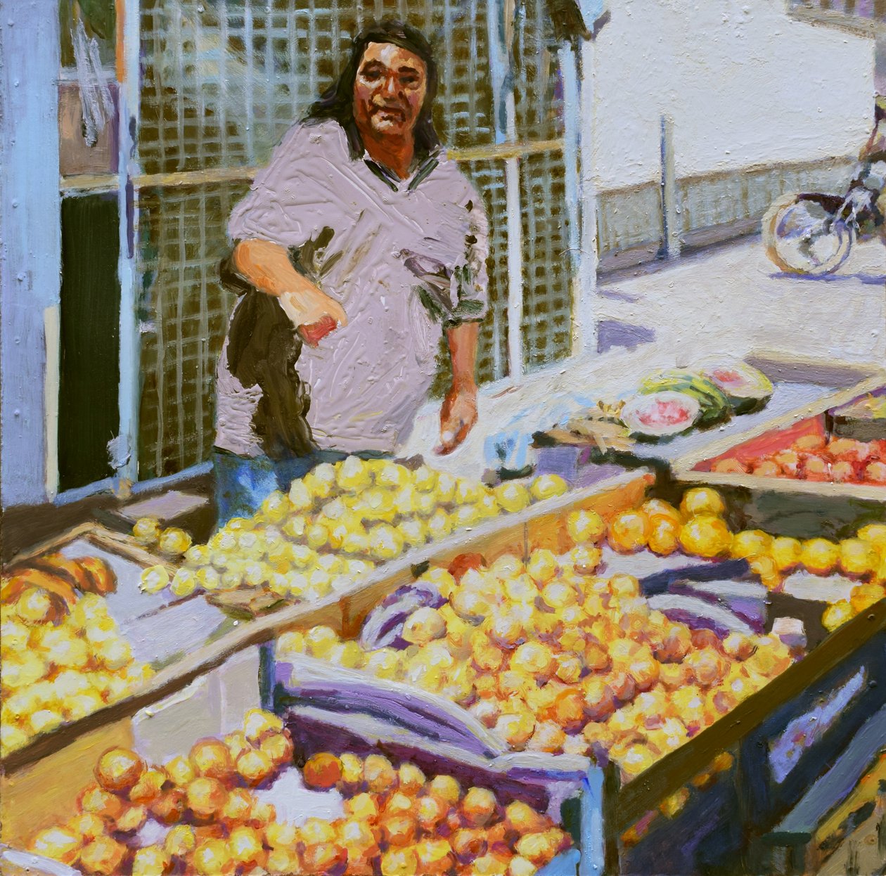Venditore di frutta (San Juan, Argentina), 2016 (olio su tavola) da Trevor Burgess