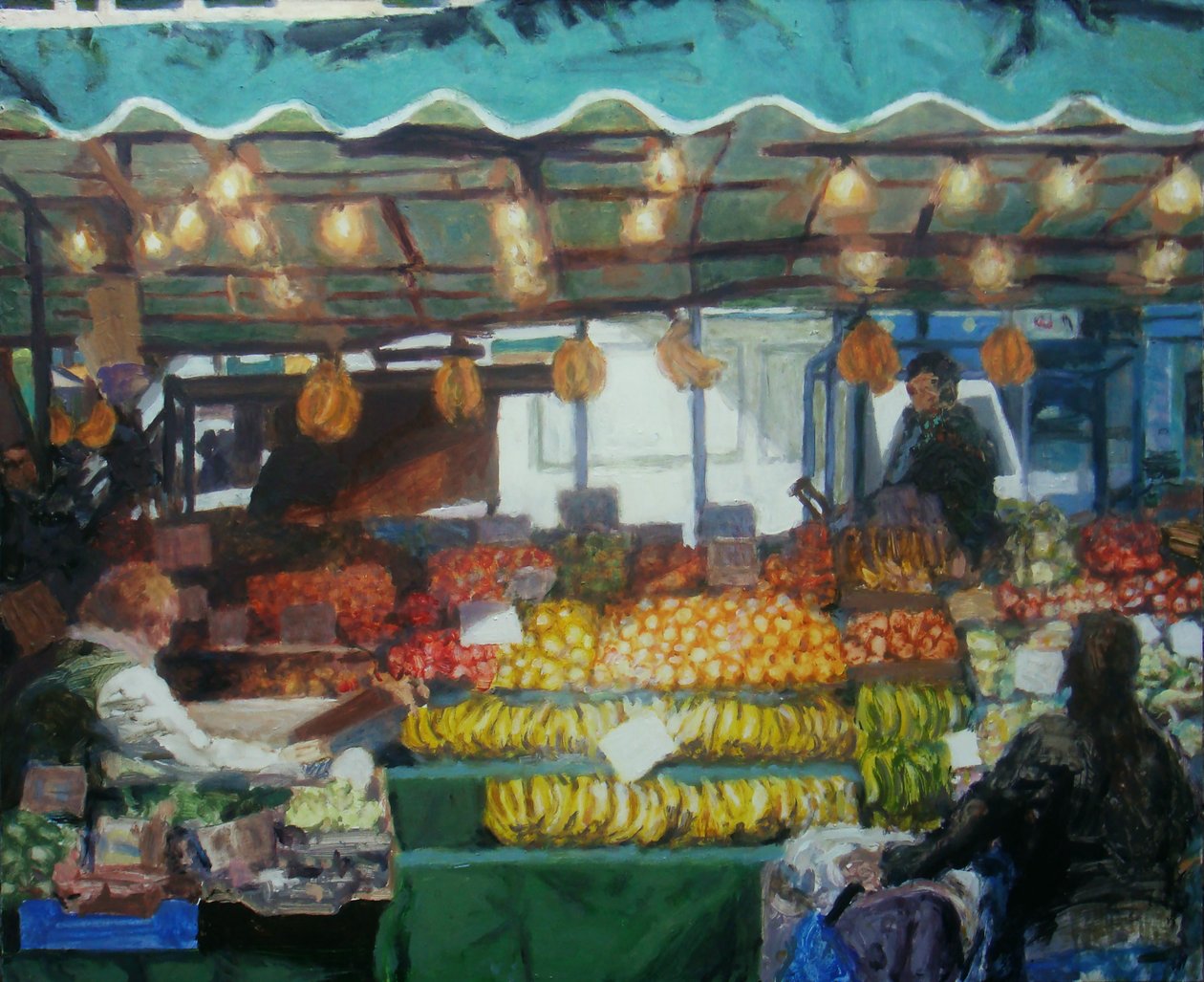 Grande bancarella del mercato (Lewisham, Londra), 2011 (olio su tavola) da Trevor Burgess