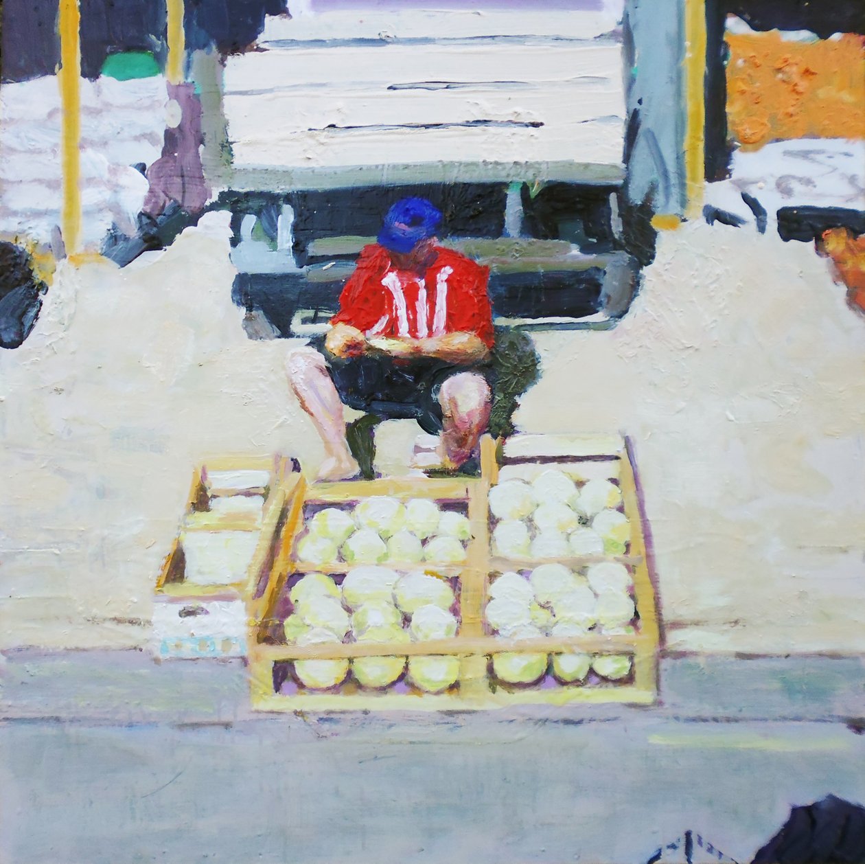 Uomo che vende meloni (San Juan, Argentina), 2014 (olio su tavola) da Trevor Burgess