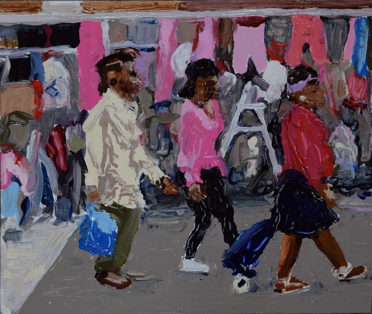 Gli acquirenti del mercato (Deptford, Londra), 2018 (olio su tavola) da Trevor Burgess