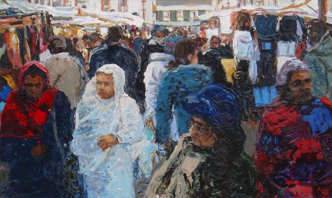 Gli acquirenti del mercato (Ridley Road, Londra), 2011 (olio su tela) da Trevor Burgess