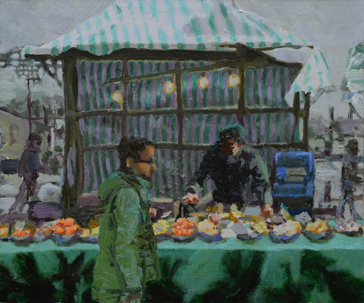 Bancarella del mercato (Deptford), 2015 (olio su tela) da Trevor Burgess