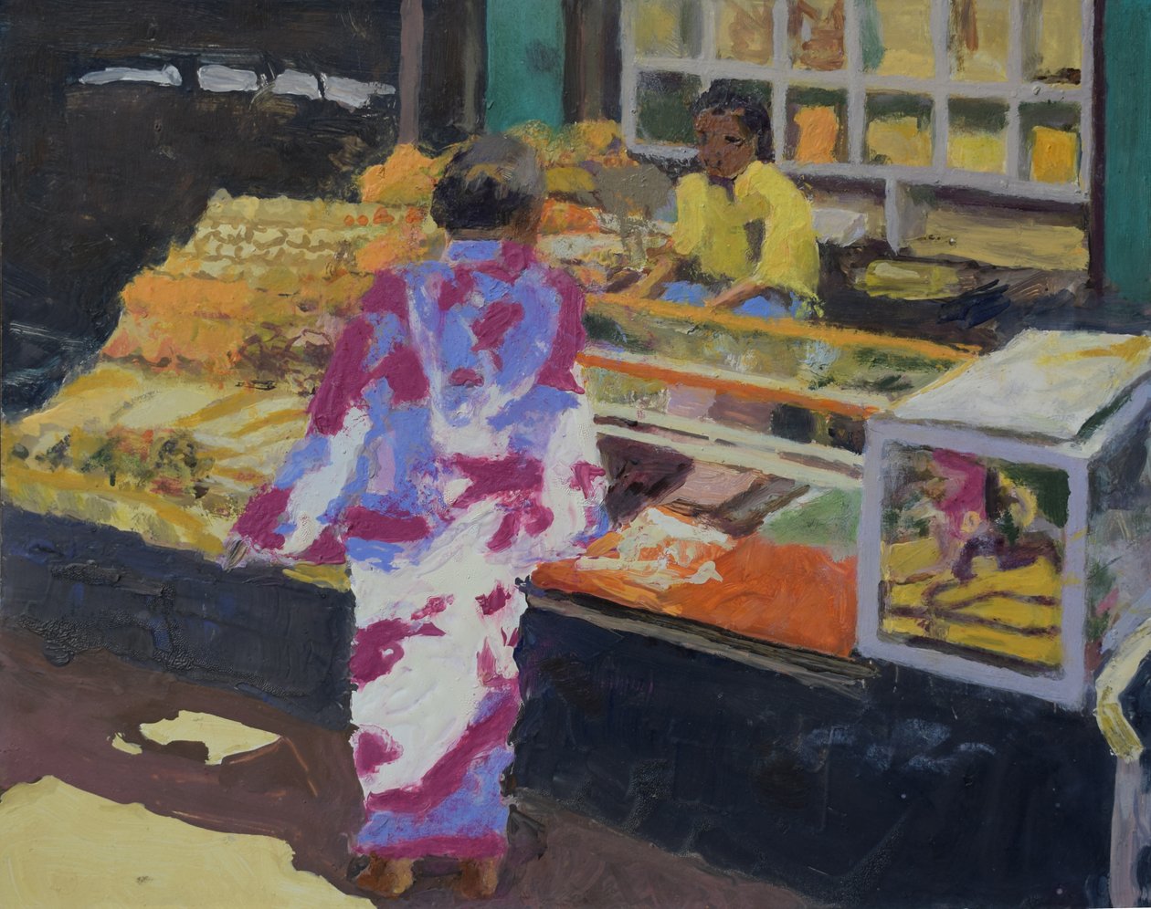 Bancarella del mercato (Mumbai), 2016 (olio su tela) da Trevor Burgess