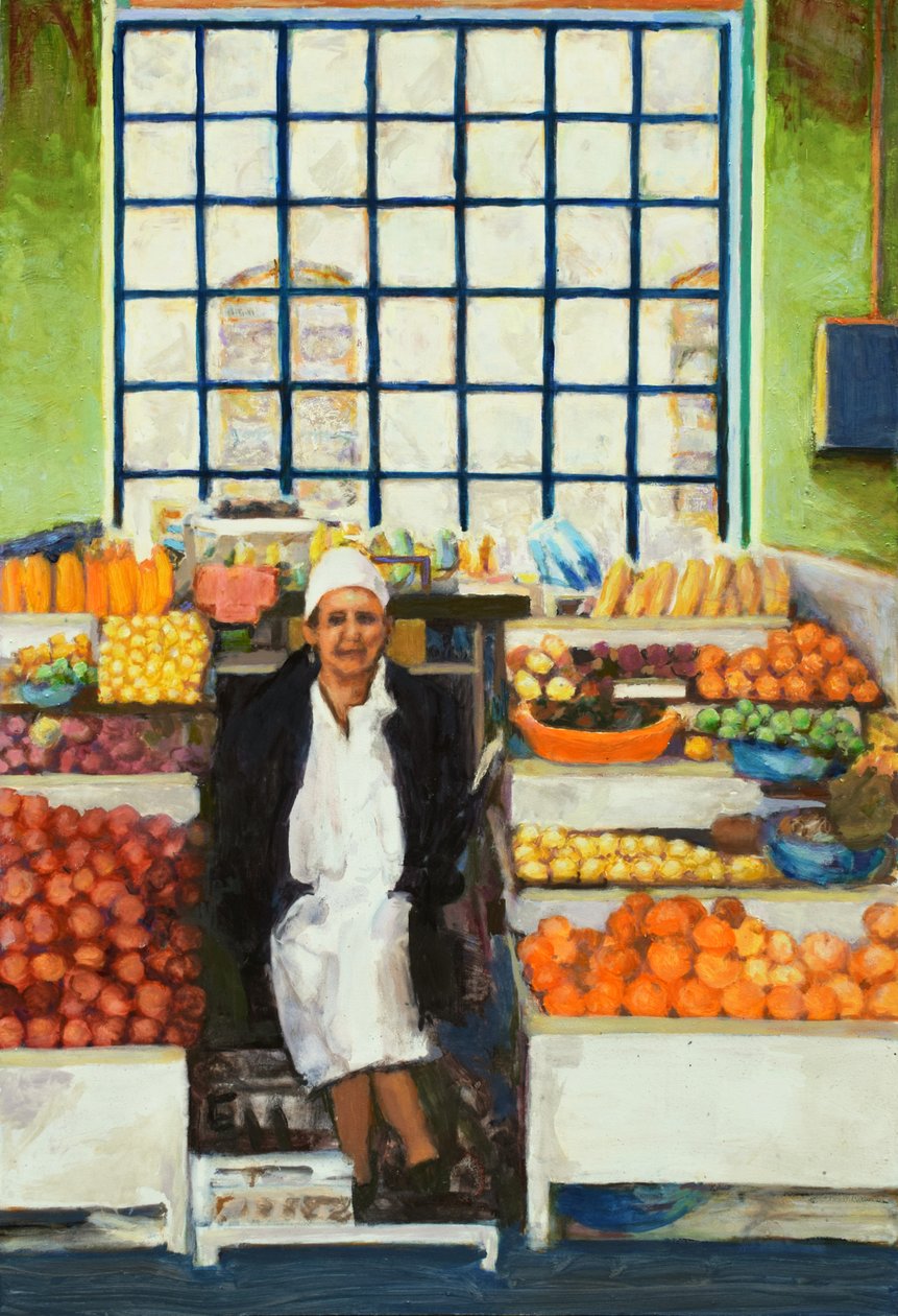 Bancarella del mercato (Quito, Ecuador), 2015 (olio su tavola) da Trevor Burgess