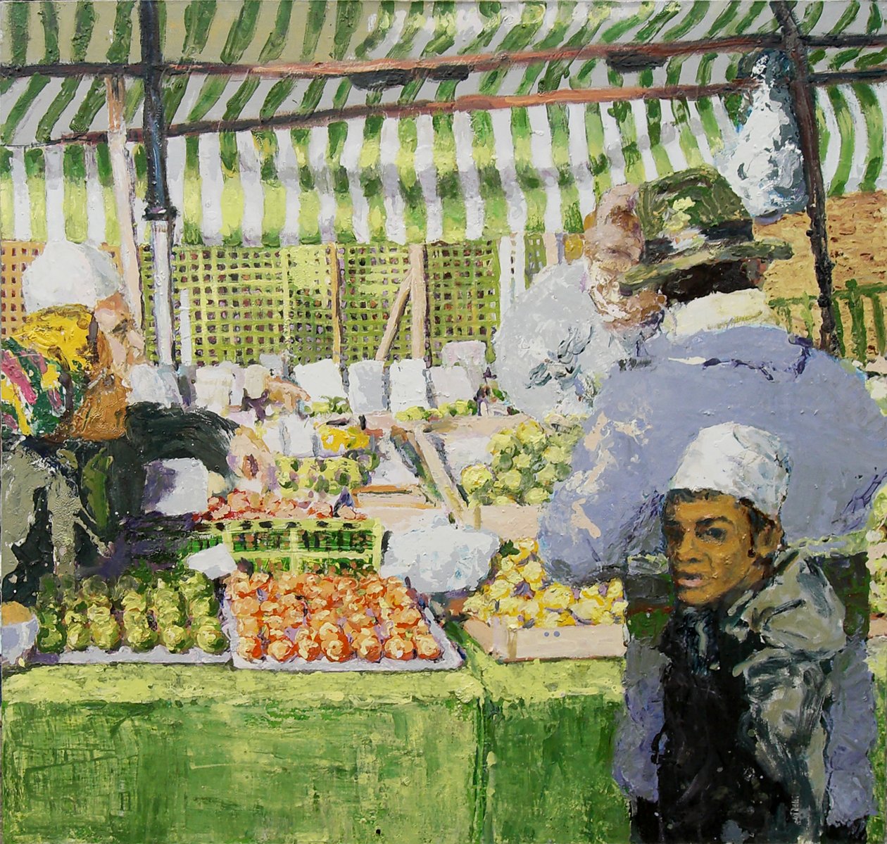 Bancarella del mercato (Ridley Road, Londra), 2003 (olio su tela) da Trevor Burgess
