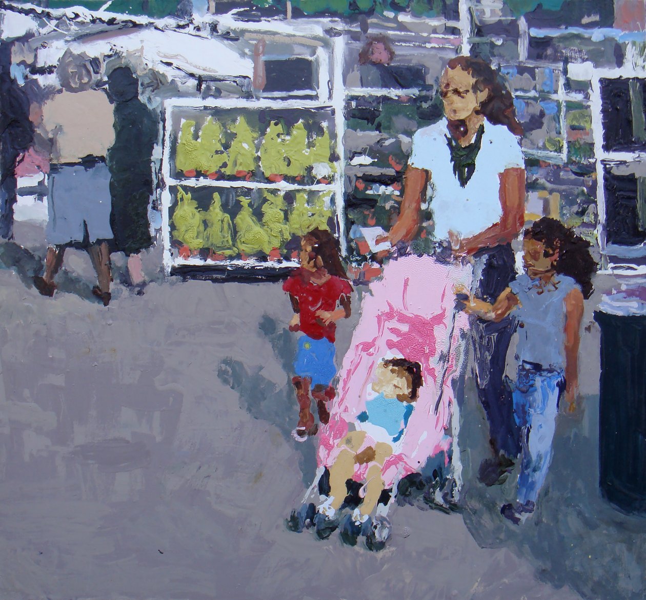 Madre e figli che fanno la spesa (mercato di Lewisham, Londra), 2008 (olio su tela) da Trevor Burgess