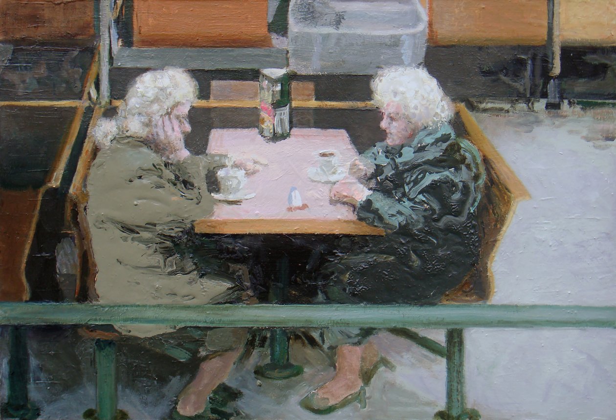 Over a cuppa, 2010 (olio su tavola) da Trevor Burgess