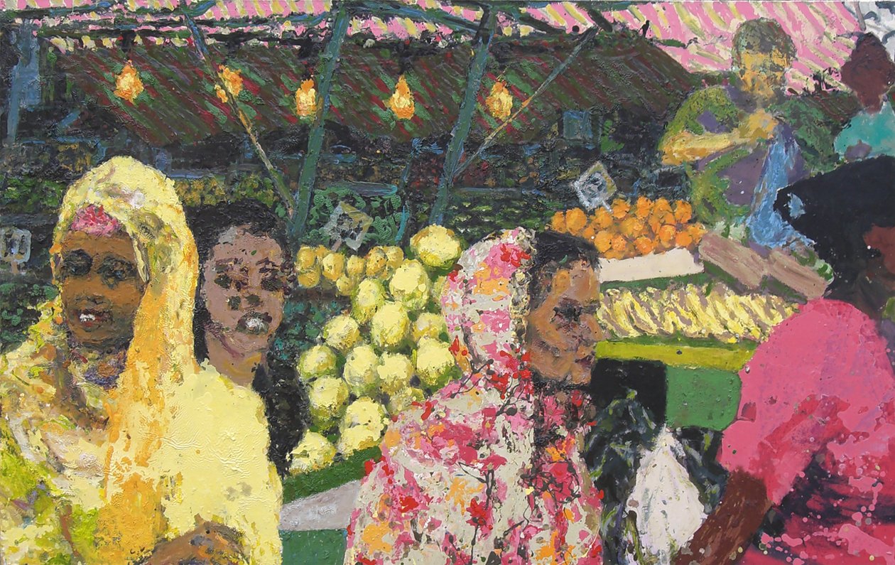 Mercato di Ridley Road (Londra), 2002 (olio su tela) da Trevor Burgess