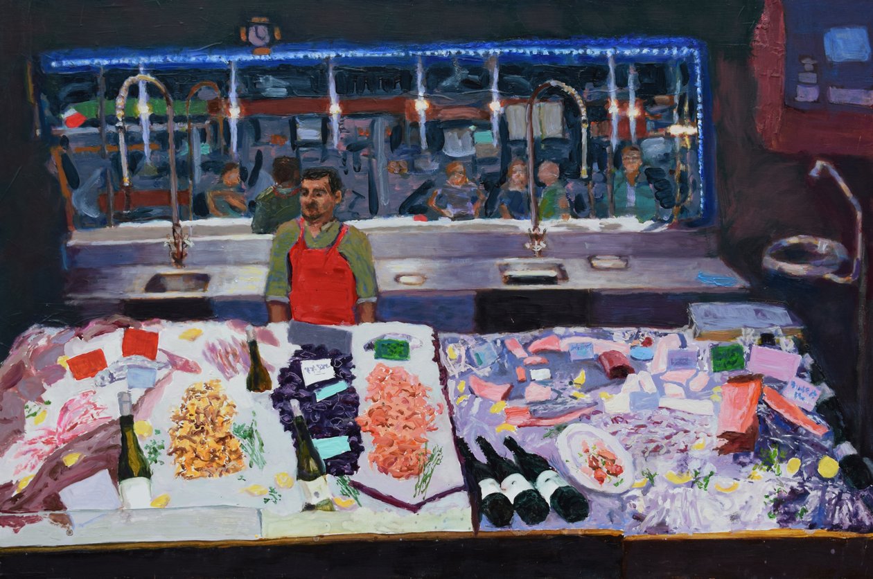 Banco di frutti di mare (Parigi), 2016 (olio su tavola) da Trevor Burgess