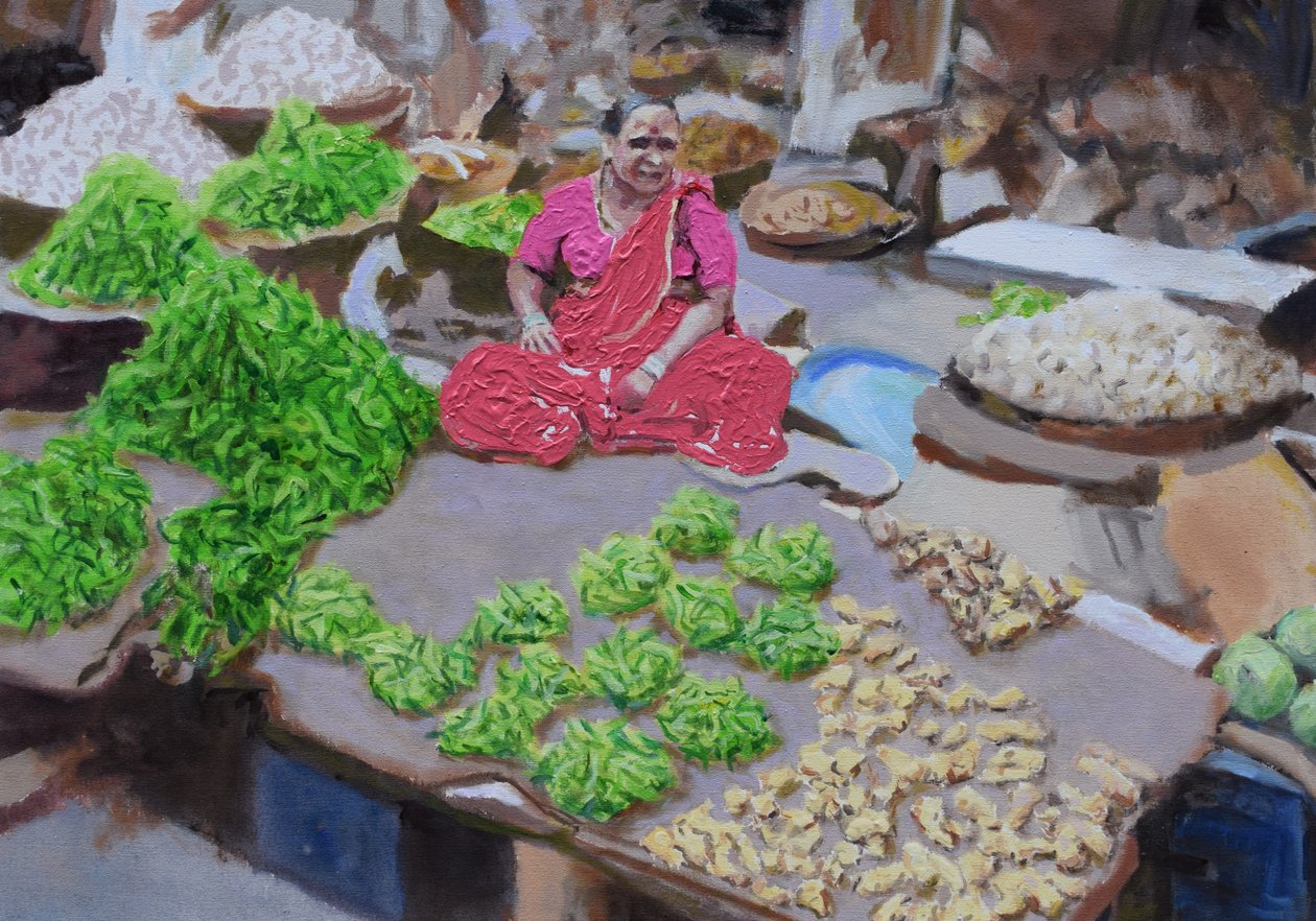 Vendita di peperoncini e zenzero (Thane, Mumbai), 2016 (olio su tela) da Trevor Burgess
