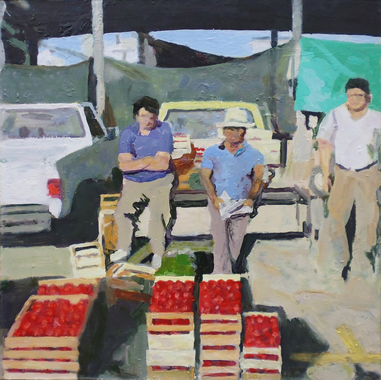 Tre uomini che vendono pomodori (San Juan, Argentina), 2014 (olio su tavola) da Trevor Burgess