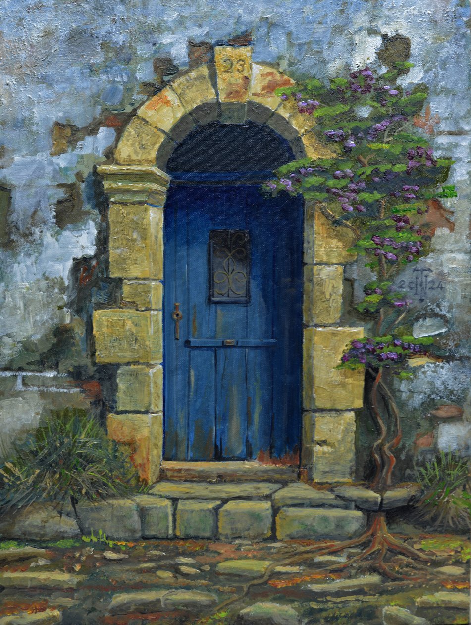 Porta blu, Paxos, Grecia, 2024 (olio su tavola) da Trevor Neal