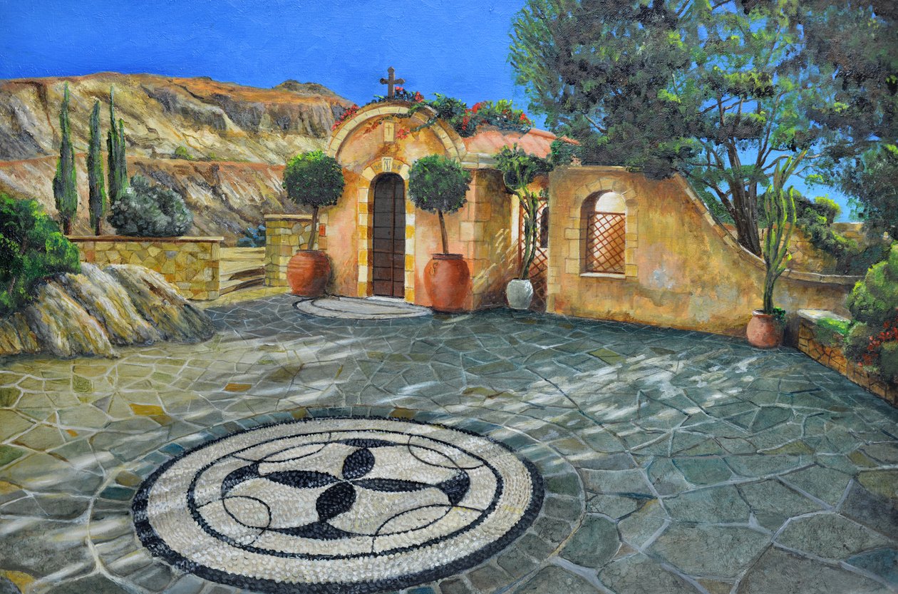 Cappella Lyndos, Rodi, Grecia, 2024 (olio su tavola) da Trevor Neal