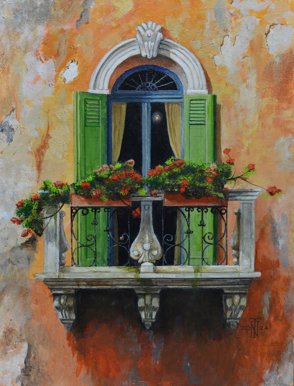 Balcone francese, Aix- en- Provence, Francia, 2024 (olio su tavola) da Trevor Neal