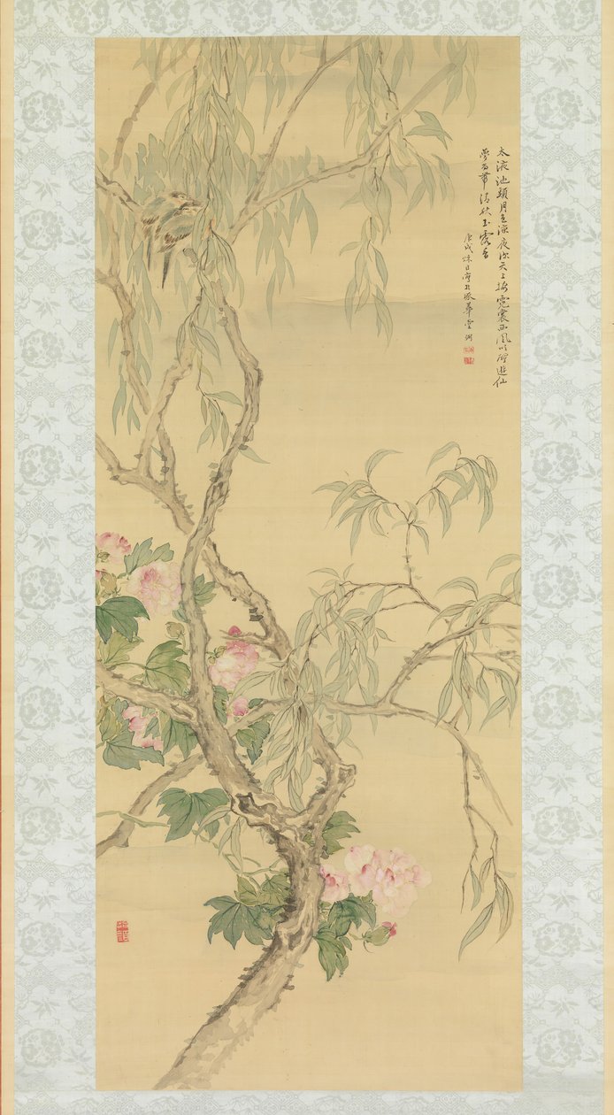 Uccelli su un ramo di salice e fiori di ibisco da Tsubaki Chinzan