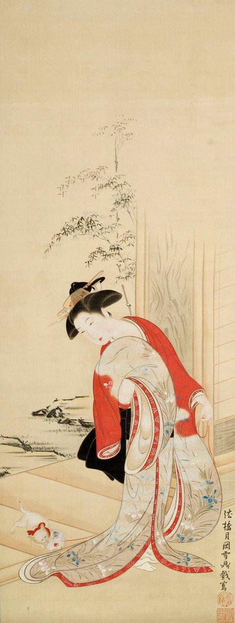 Bella donna che gioca con un gatto da Tsukioka Masanobu Settei