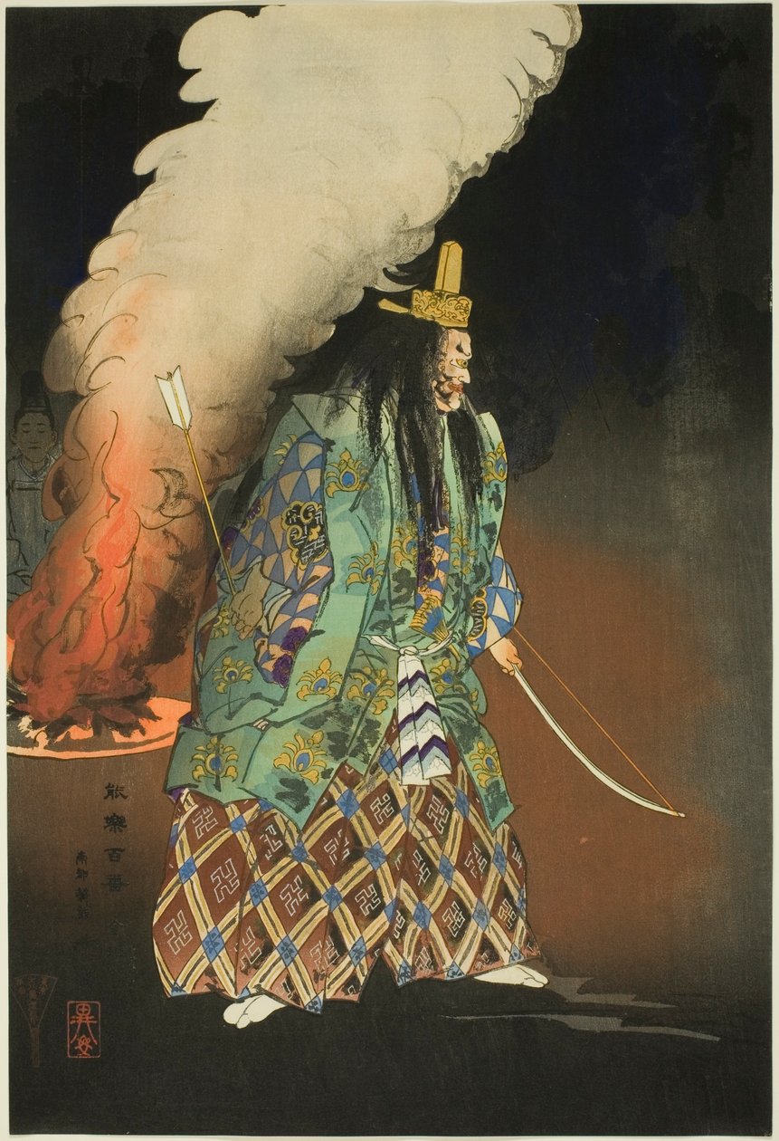 Scena di un no drama: The Gold Charms, dalla serie "One Hundred No Dramas (Nogaku hyakuban)". da Tsukioka Kogyo