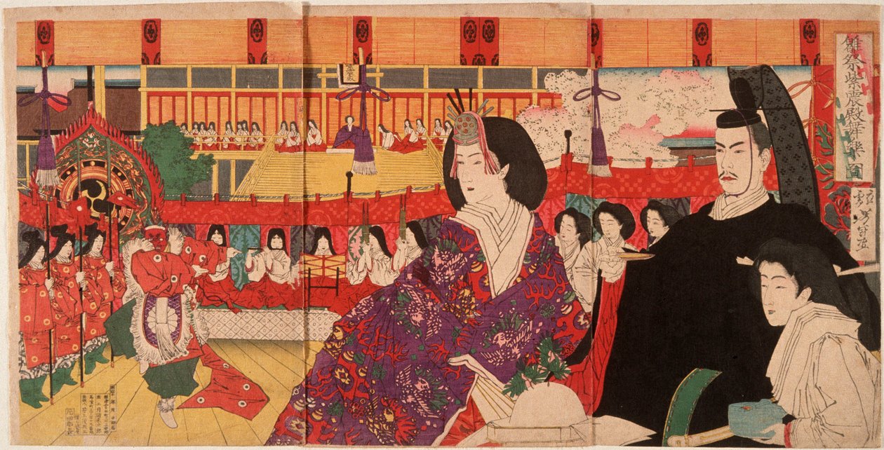 Una rappresentazione di bugaku al Palazzo Imperiale durante la Festa delle bambole da Tsukioka Yoshitoshi