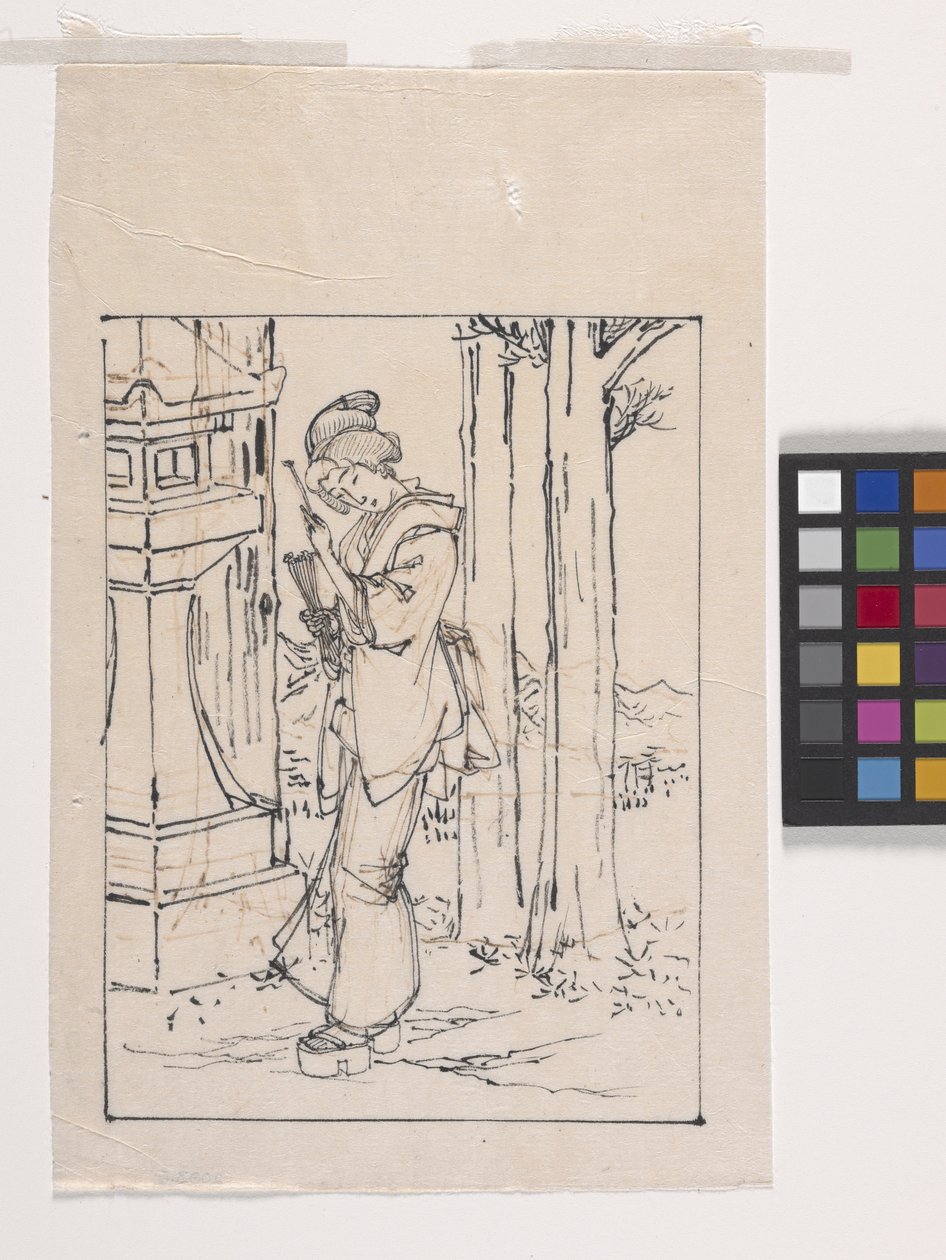 Disegno di una giovane donna accanto a una lanterna di pietra da Tsukioka Yoshitoshi