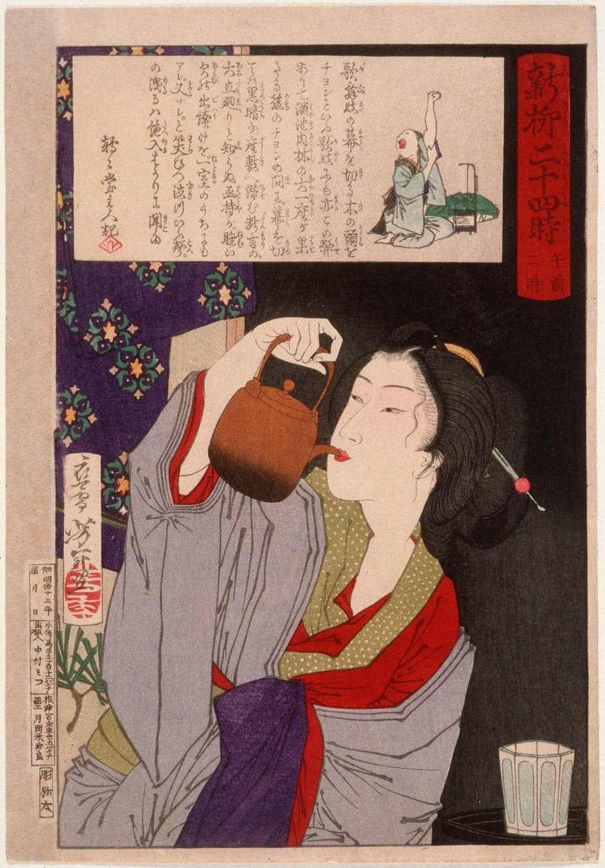 Geisha che beve da una teiera per sakè alle 2:00 di notte da Tsukioka Yoshitoshi