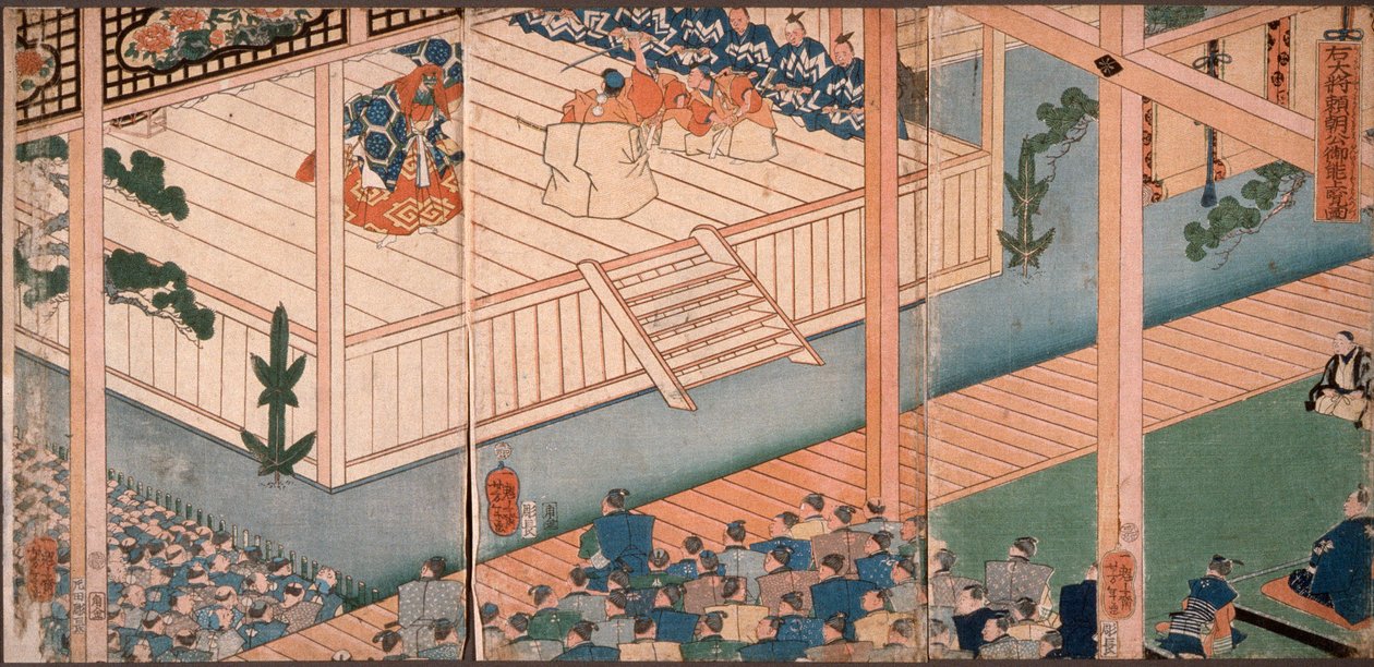 Il generale della destra, Lord Yoritomo, ispeziona una speciale rappresentazione di Nō da Tsukioka Yoshitoshi