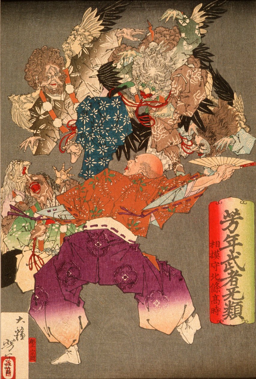 Hōjō Takatoki, signore di Sagami, mentre respinge i tengu con il suo ventaglio da Tsukioka Yoshitoshi