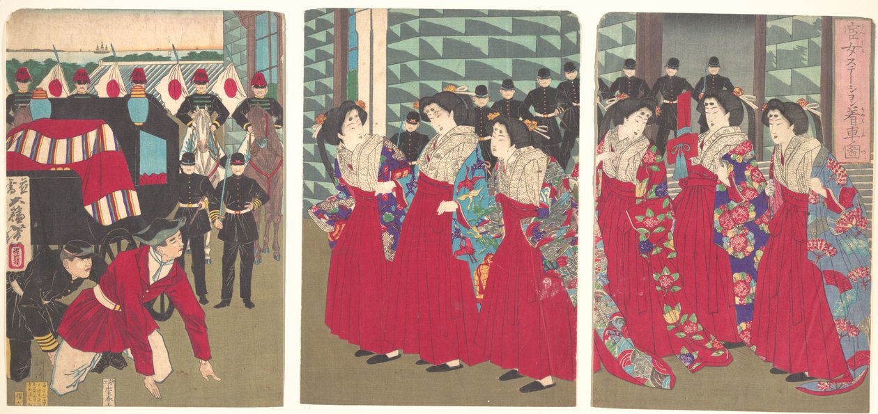 Illustrazione di dame di compagnia che salgono a bordo in una stazione (Kanjo sutēshon chakusha zu) da Tsukioka Yoshitoshi