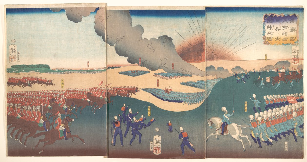 Manovre di tre categorie di soldati francesi e inglesi (Furansu Igirisu sanhei ōchōren no zu) da Tsukioka Yoshitoshi