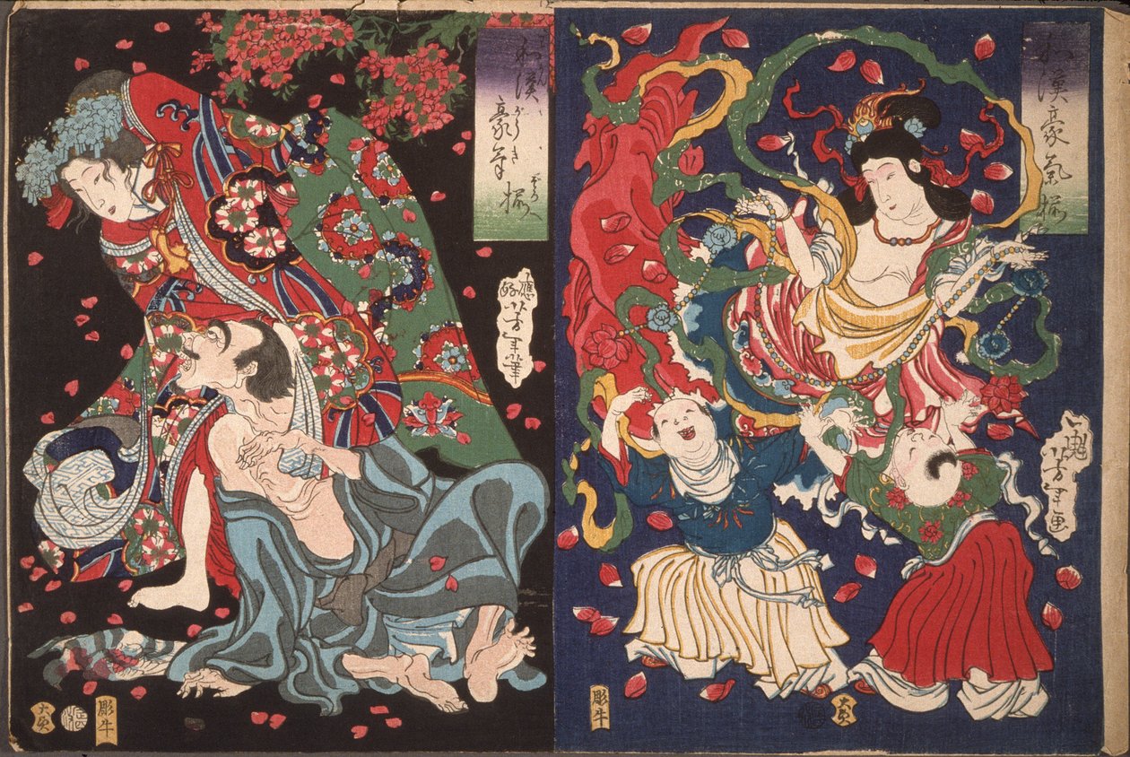 Seigen e Sakurahime; angelo con due bambini da Tsukioka Yoshitoshi