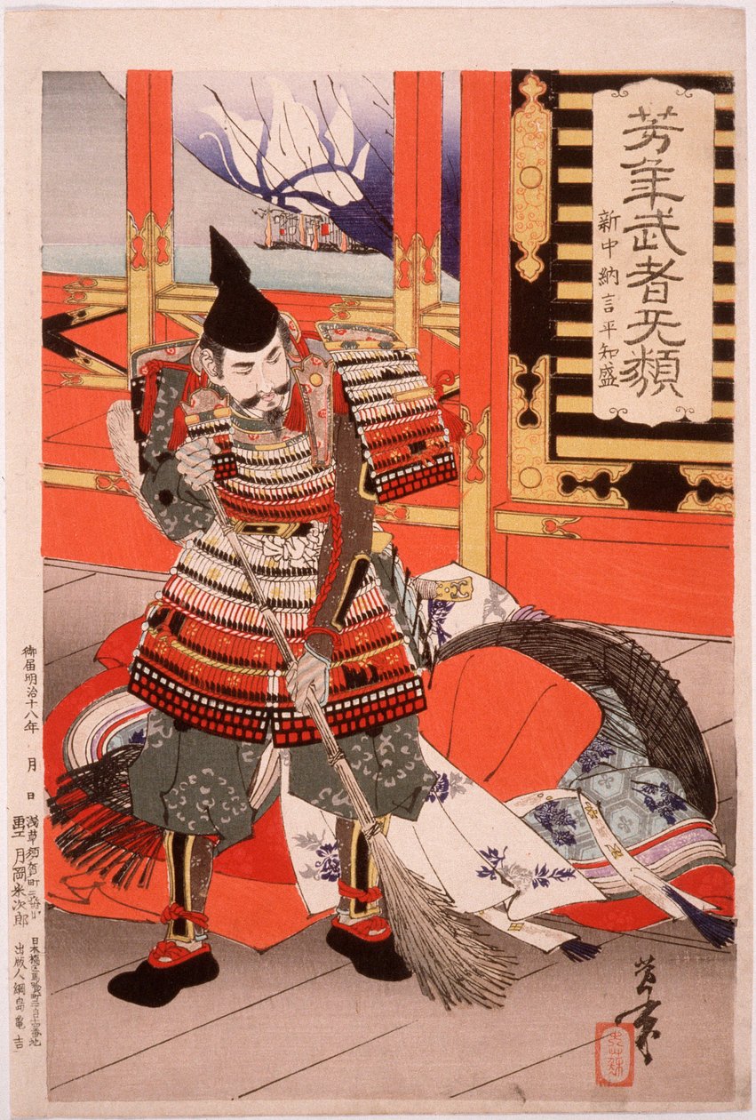 Shinchūnagon Taira no Tomomori mentre spazza il ponte da Tsukioka Yoshitoshi