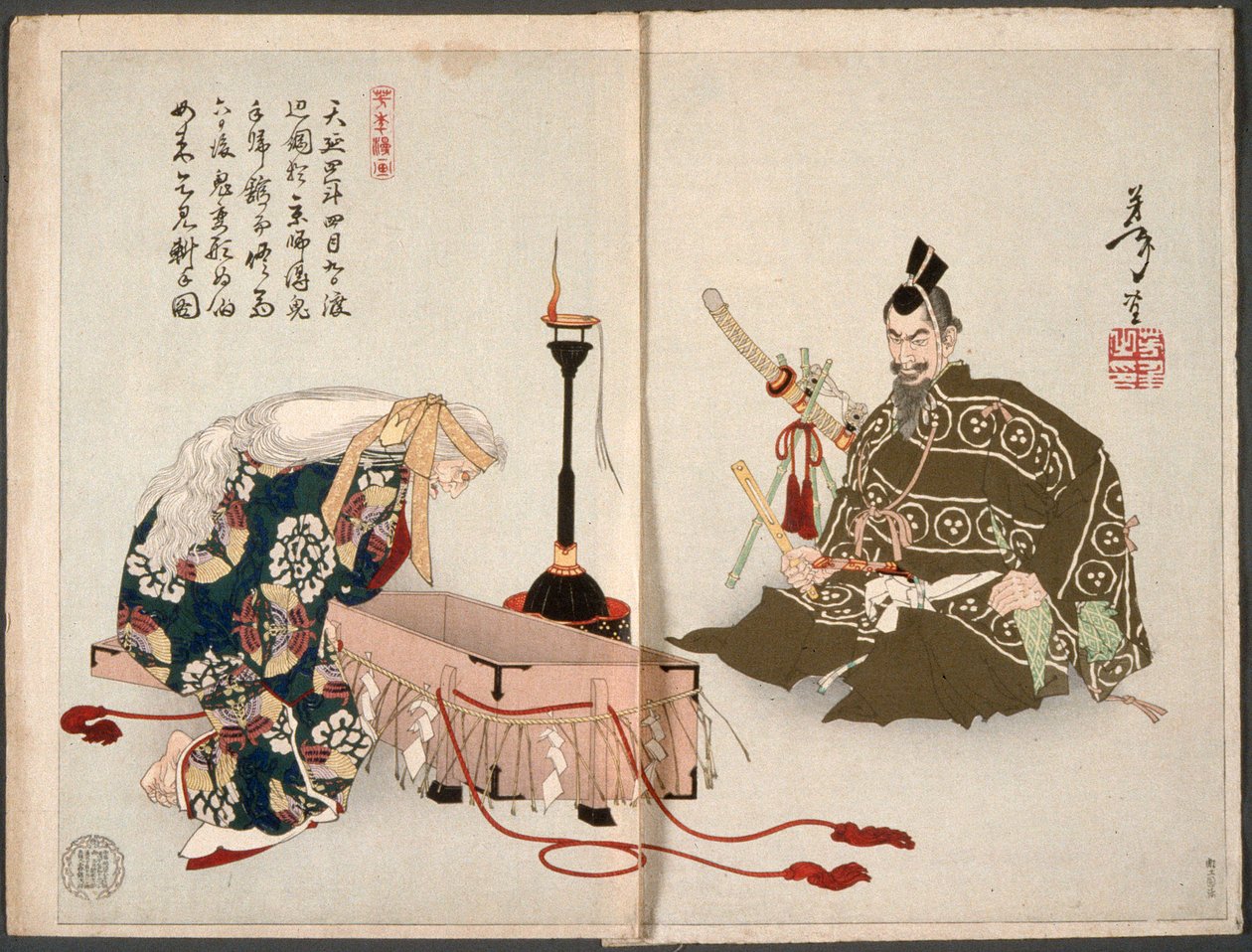 Il demone di Rashōmon visita Watanabe no Tsuna travestito da vecchia per recuperare il suo braccio mozzato da Tsukioka Yoshitoshi