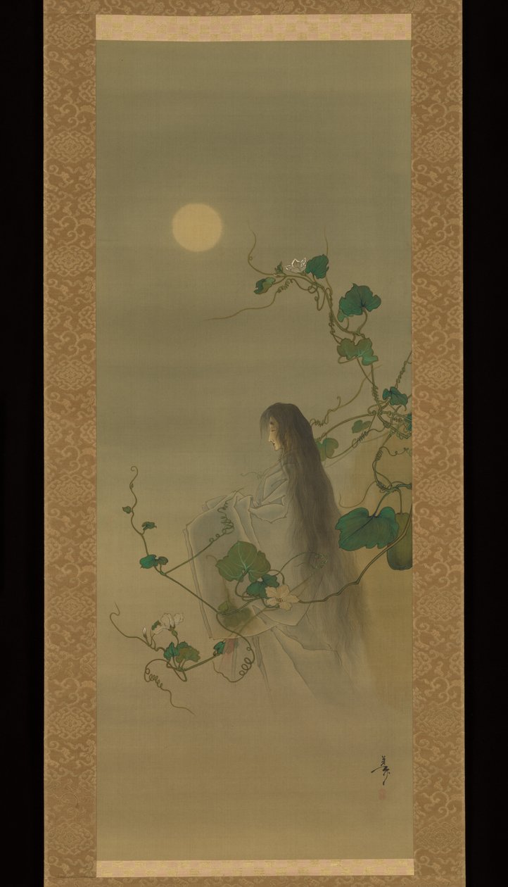 Lo spirito della defunta Yūgao avvolto da tralci di fiori di luna, basato sulla stampa “La dama dai volti della sera”, dalla serie Cento aspetti della luna (Tsuki hyakushi: Genji Yūgao no maki) da Tsukioka Yoshitoshi
