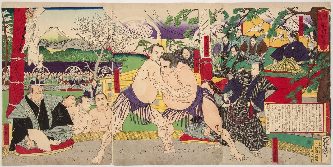 Combattimento dei lottatori di sumo Koyonagi Tsunekichi e Arauma Daigoro da Tsukioka Yoshitoshi