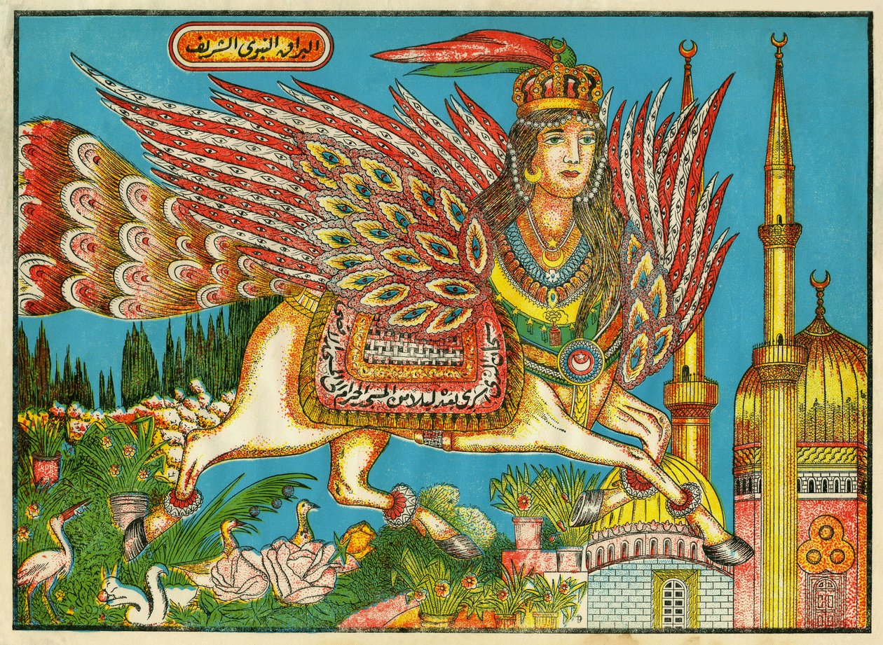 Al-Bourak (Al Bourak) (Buraq, Bouraq, Burak), cavallo alato con testa di donna e coda di pavone da Tunisian School