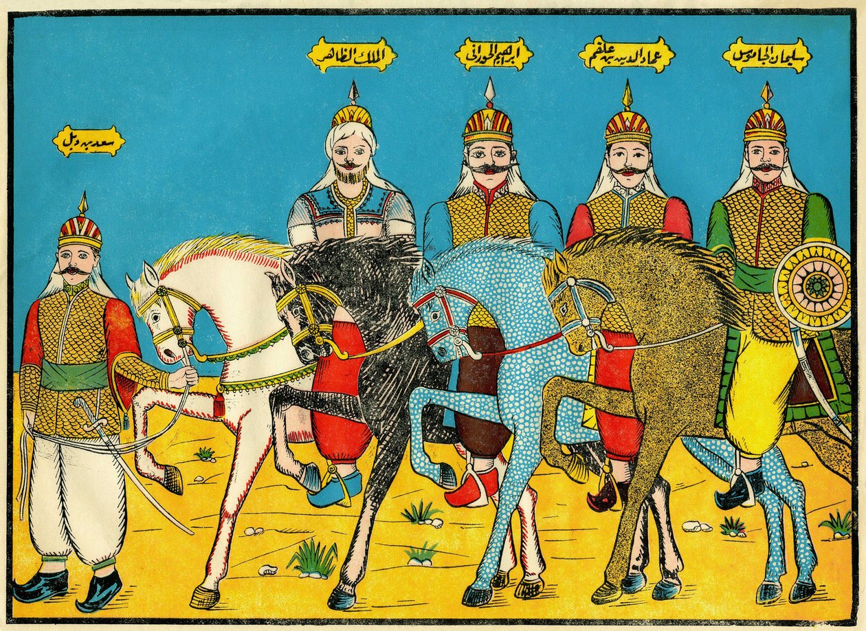 I Mamelucchi, eroi leggendari nella storia di Dhaher Bibars, nel XIII secolo. Immagine popolare, Tunisia da Tunisian School