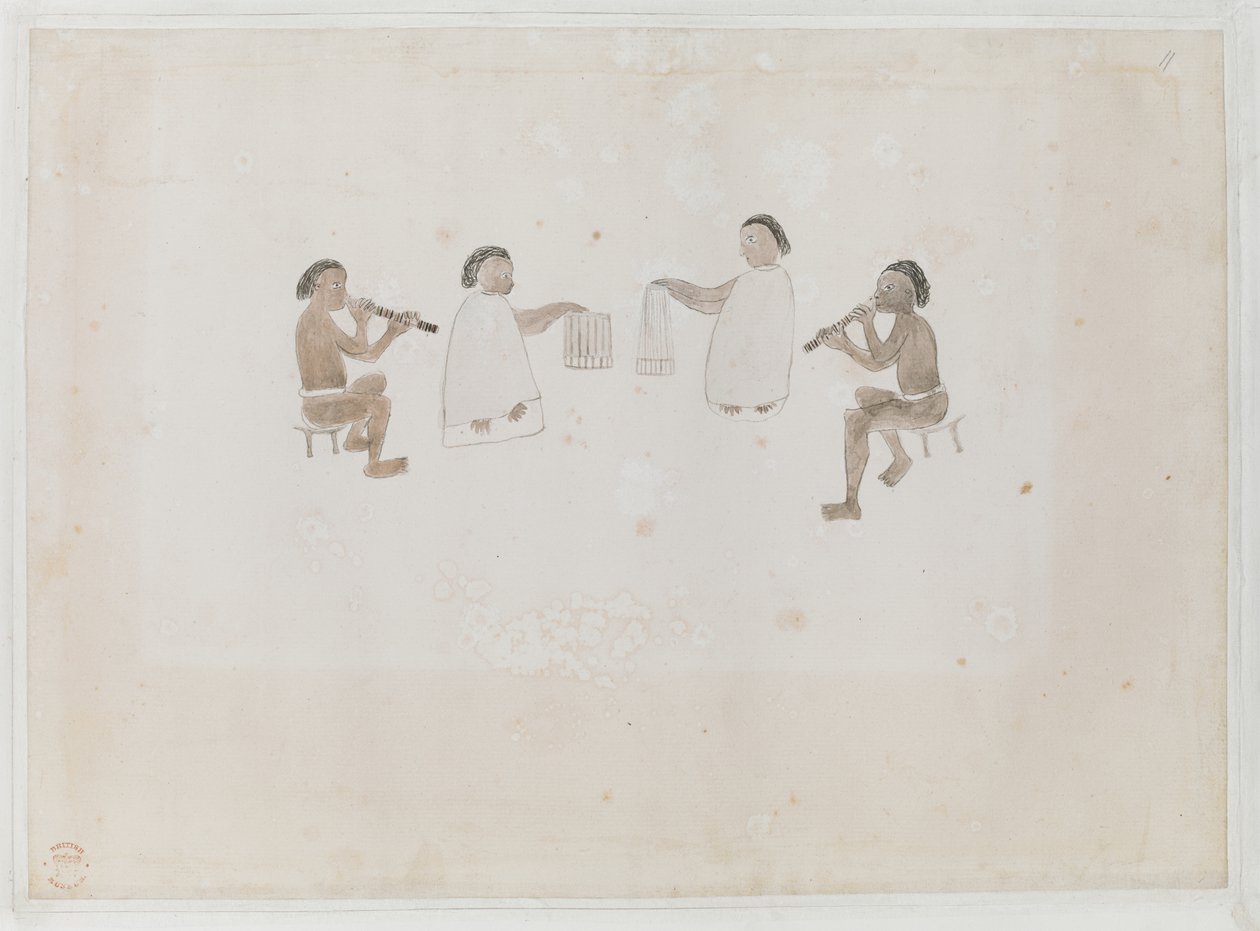 Add MS 15508 f.11 Musicisti di Tahiti, giugno 1770 da Tupaia Tupaia