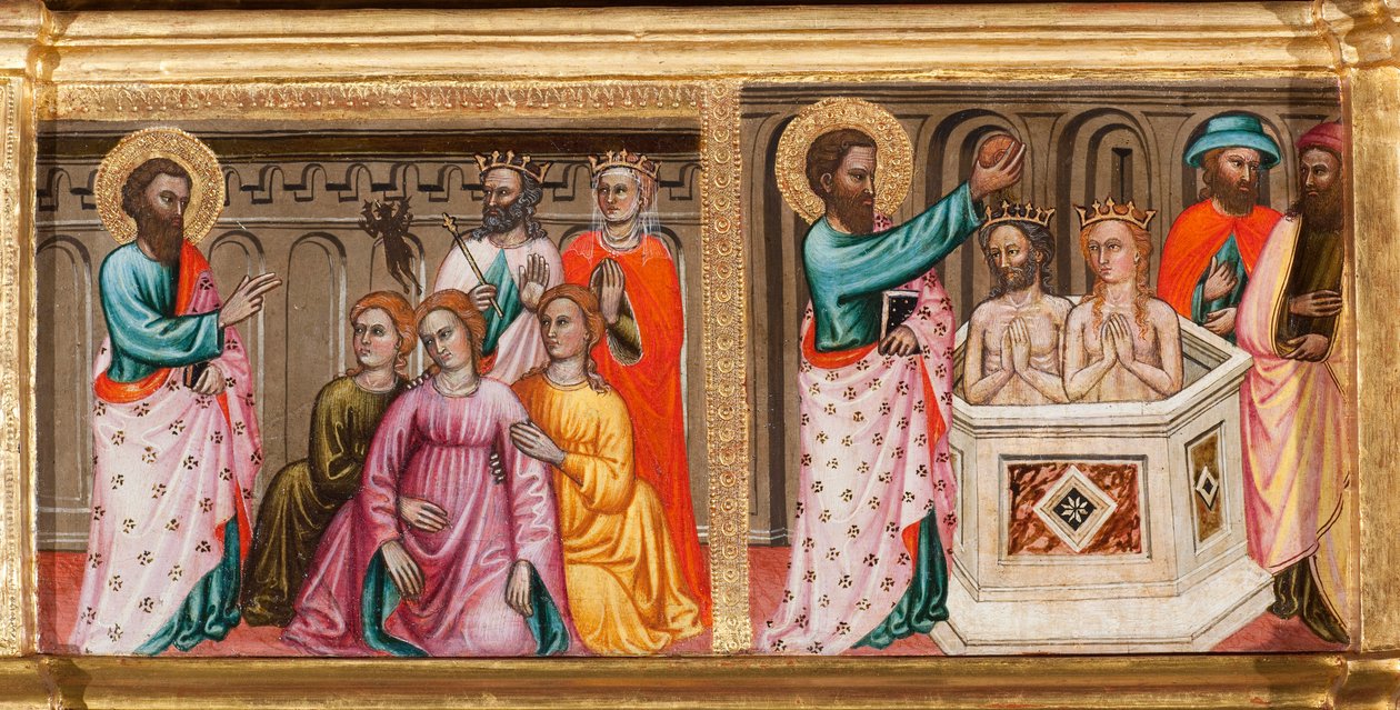 Predella con la vita di San Bartolomeo, che fa esorcismi e battezza, (dettaglio) dalla Vergine e bambino circondati da angeli e santi da Turino Vanni