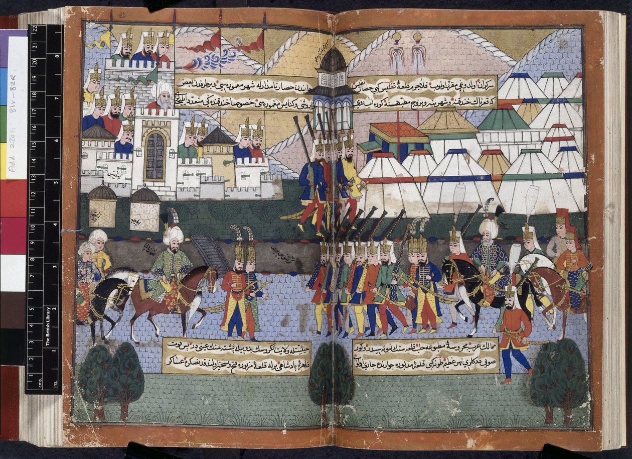Add. 22011, ff.81v-82, Esercito ottomano di Lala Mustafa Pasha che sfila davanti alle mura di Tiflis da 