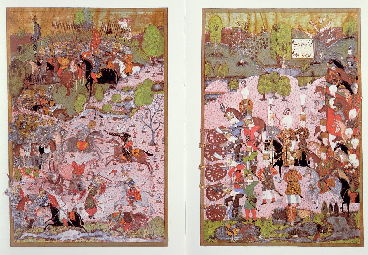 La Battaglia di Mohacs, tra Turchi e Ungheresi, 1526, facsimile di una miniatura conservata nel Museo Topkapi di Istanbul da Turkish School