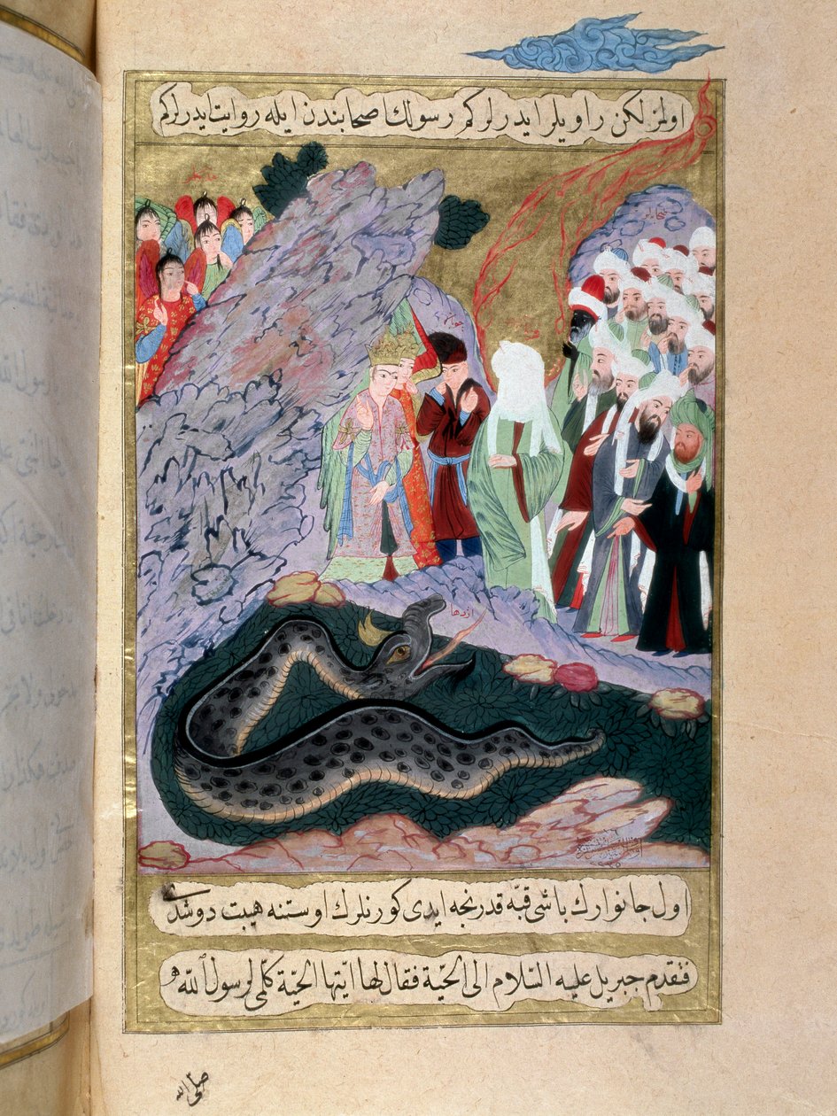 Il profeta Maometto (570-632) (volto coperto) doma un serpente. Miniatura turca del XVIII secolo. Museo di Arte Turca e Islamica di Istanbul da Turkish School