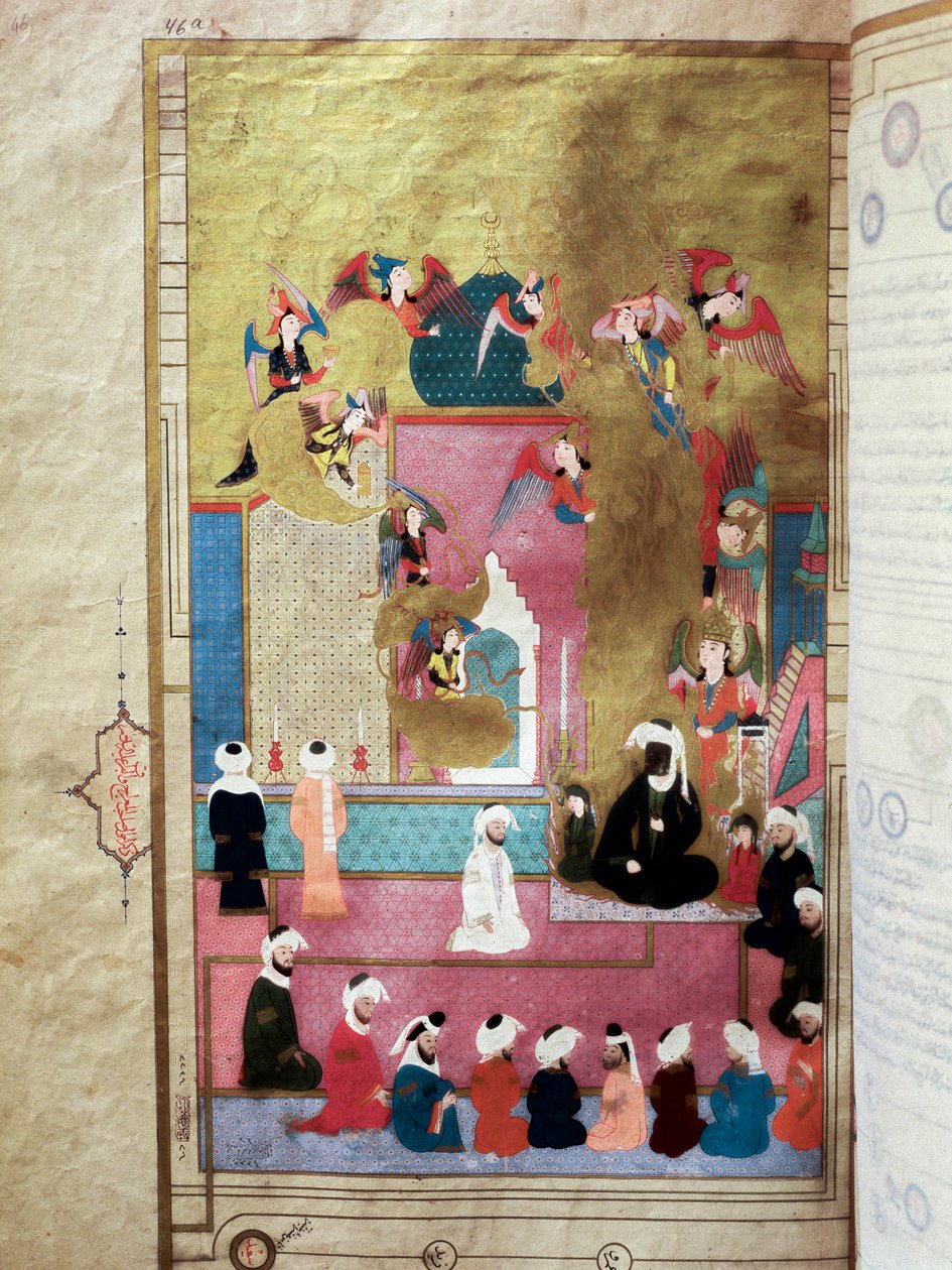Il profeta Maometto (570-632) (volto coperto) durante il Mirac, la sua ascesa al settimo cielo. Miniatura dal manoscritto “Zubdat al-Tawarikh” dello storico Seyyid Loqman Ashuri sotto il regno di Murad III (1574-1595) da Turkish School