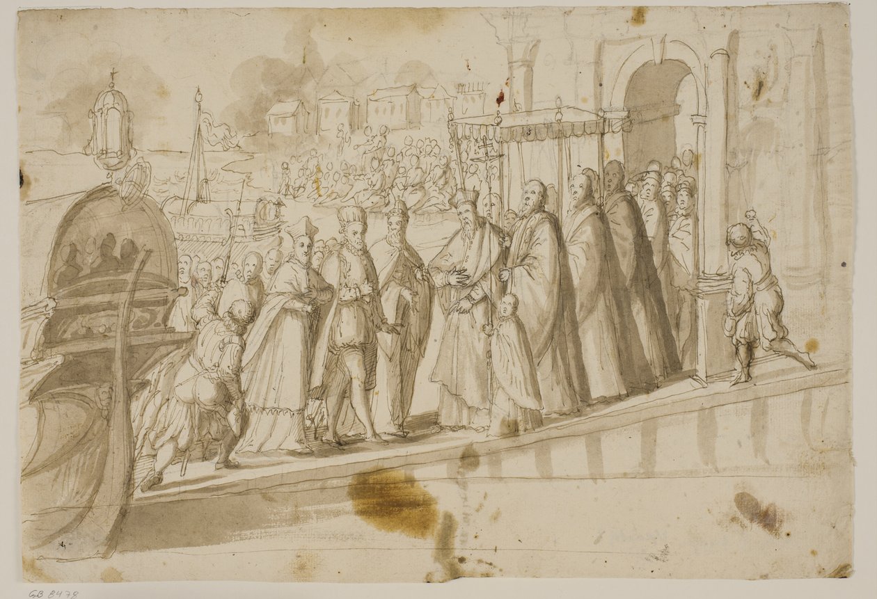 Re Enrico III, Doge Alvise Mocenigo e Cardinale San Sisto ricevuti dal patriarca veneziano Giovanni Trevisan al Lido di Venezia da Ubekendt Ubekendt