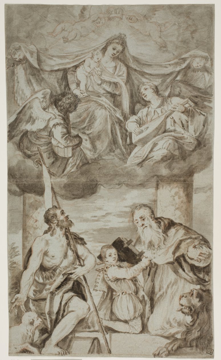 La Vergine e il Bambino tra angeli nelle nuvole con i Santi Giovanni Battista e Girolamo, dopo il dipinto di Paolo Veronese precedentemente in S. Francesco della Vigna, Venezia da Ubekendt Ubekendt
