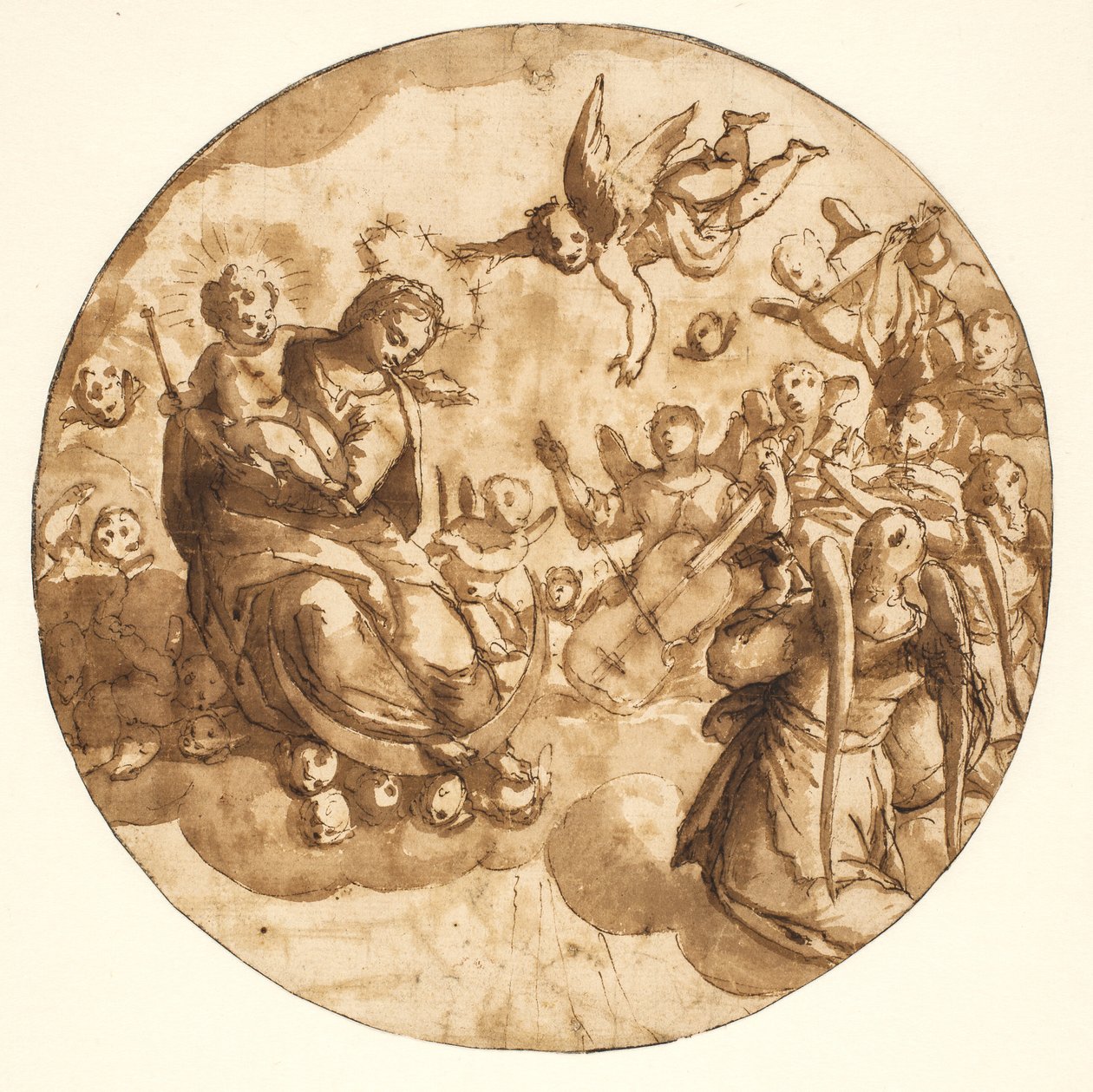 Tondo con la Madonna e il Bambino seduti su una nuvola circondati da angeli musicisti da Ubekendt Ubekendt