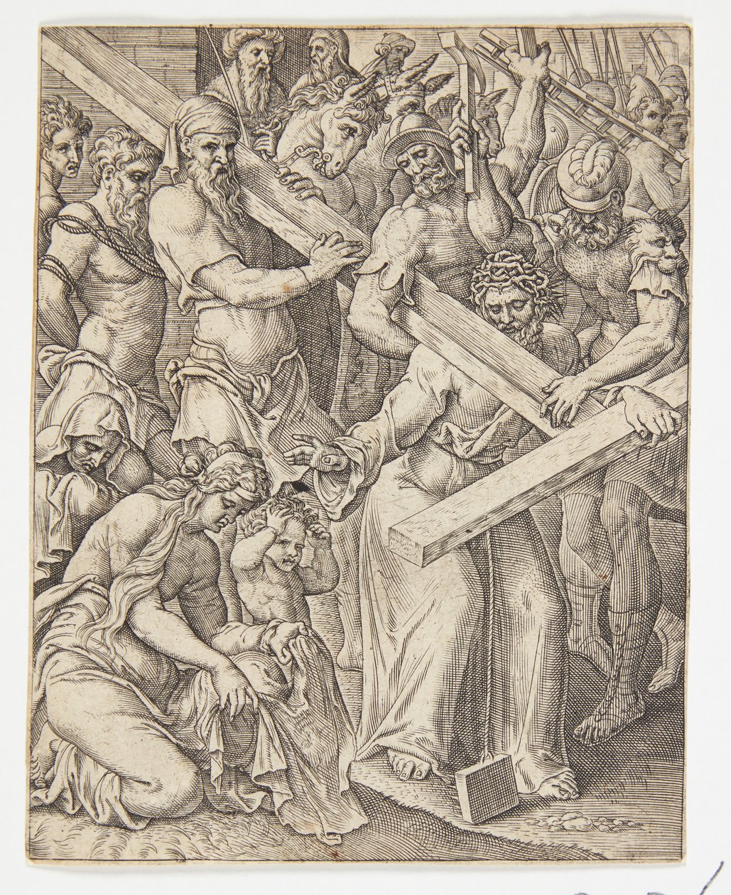 Cristo che porta la croce e il miracolo del velo di Veronica da Ubekendt efter Dirck Volckertsz. Coornhert efter Maarten van Heemskerck