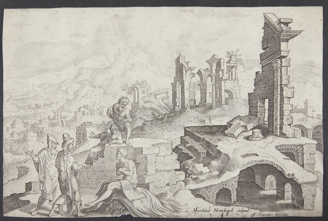Giobbe sul letamaio con sua moglie e tre amici da Ubekendt efter Maarten van Heemskerck
