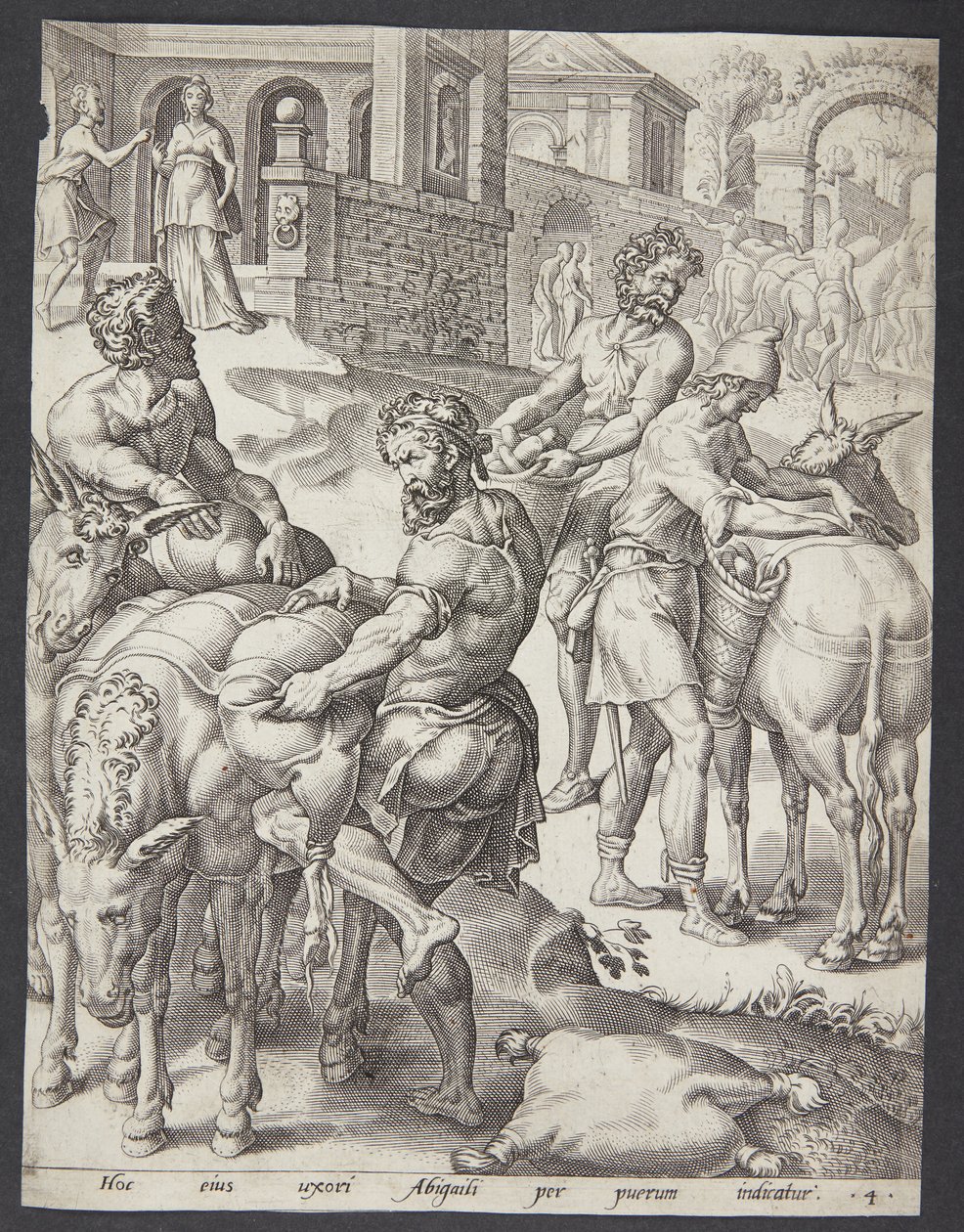 I servi di Abigail caricano gli asini con cibo per David da Ubekendt efter Maarten van Heemskerck
