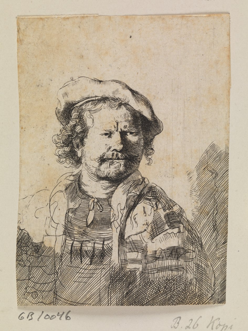 Rembrandt con un berretto piatto e un vestito ricamato da Ubekendt efter Rembrandt